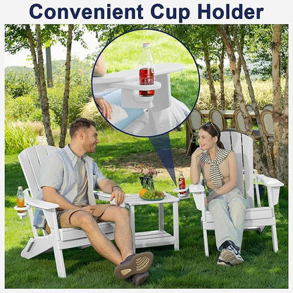 Plawdlik Folding Adirondack Chair, SGS Tested, Wooden Textured with Cup Holder, Heavy All-Weather HDPE Comfortable Set Poolside Backyard Lawn White