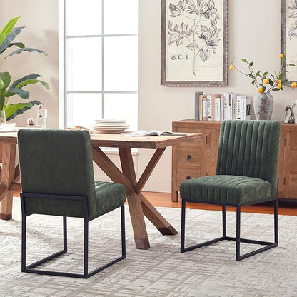 VKNOW Upholstered Dining Chairs, Modern Dining Room Chairs with Stripe, Linen Kitchen Chair Dinner Chair with Black Metal Base for Kitchen Office, Green