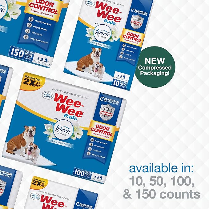 Four Paws Wee-Wee Odor Control with Febreze Freshness Pee Pads for Dogs & Puppies, Leak-Proof Dog Housebreaking Potty Training Floor Protection, Spring Fresh Scent, 22" x 23", 100 Count