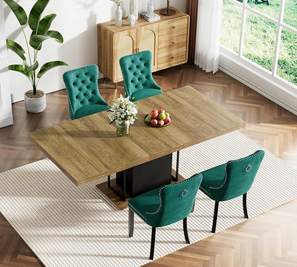 Goujxcy 78.7" Farmhouse Extendable Dining Room Table Set for 4, 5-Piece Rectangle Kitchen Dining Room Table Set with Wood Base and 4 Green Velvet Dining Chairs, Extending Kitchen & Dining Table Set