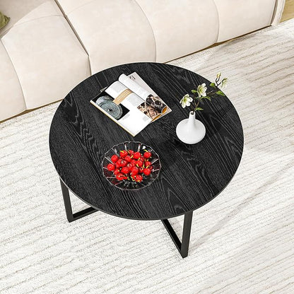 HOMERECOMMEND Round Coffee Table Nesting Tables for Living Room Tea Desk with Black Metal Legs Tea Table Balcony End Sofa Table Study,Black