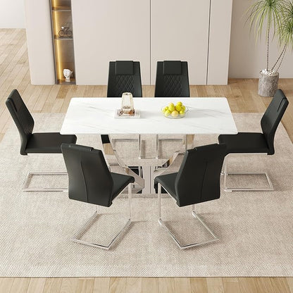 AZmac 63" Modern Dining Table Set for 6, White Dining Room Set for 6, Tempered Glass Kitchen Table and PU Leather Chairs, Marble Pattern Top with Sturdy Silver Chrome Base