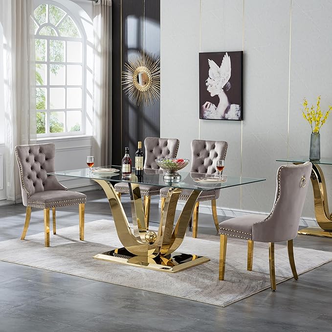 70" Modern Gold Glass Dining Table Set for 4, 5-Piece Rectangle Kitchen Dining Room Table Set with Steel Base & 4 Grey Velvet Upholstered Chairs, Modern Glass Kitchen Table and Chairs Set of 4
