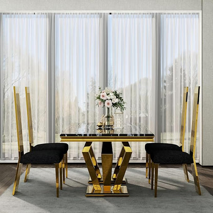 Dining Chairs Set of 6, Black Boucle Dining Room Chairs with Polished Gold Stainless Steel Legs and High Back