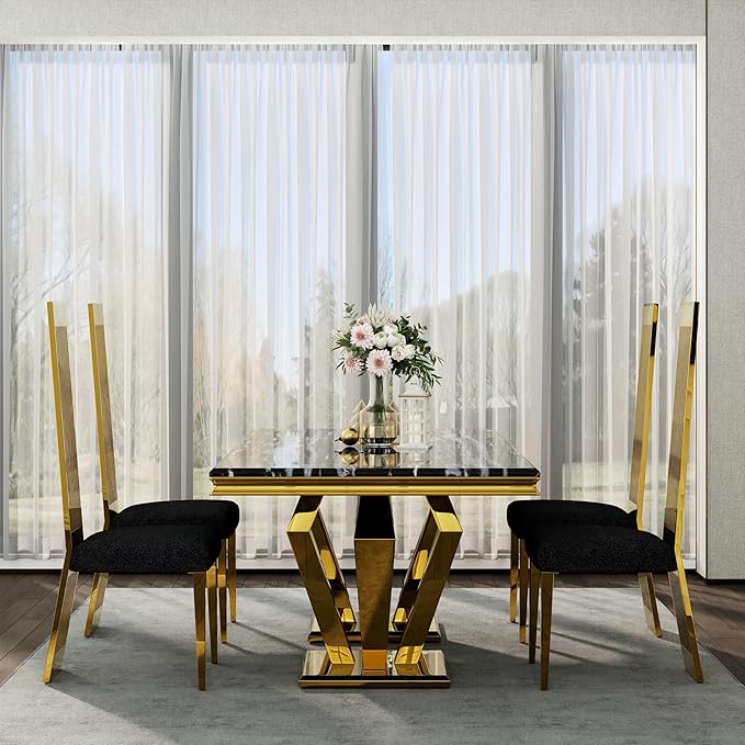Dining Chairs Set of 2, Black and Gold Dining Room Chairs, Upholstered Dining Chairs with Polished Metal Legs and High Back