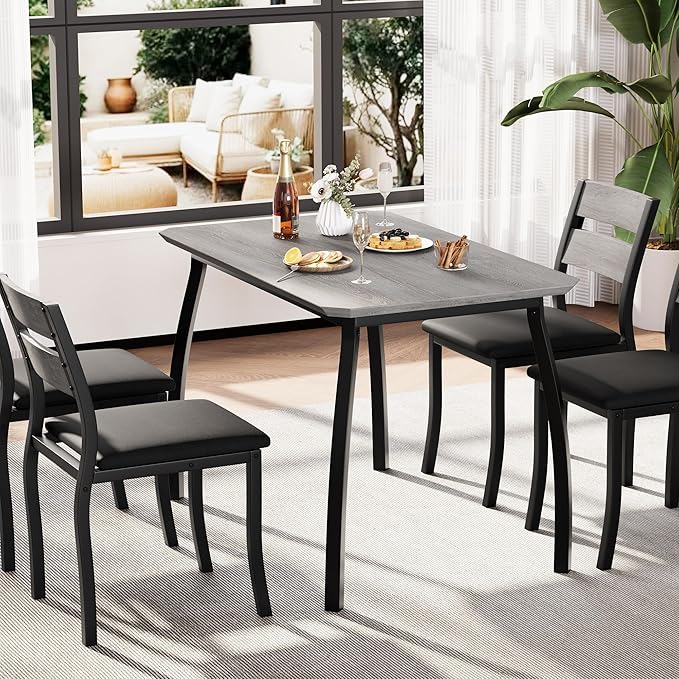 GAOMON 5 Piece Dining Table Set for 4, Space-Saving Kitchen Table with Upholstered Chairs, Modern Angled Corner Design, Compact Dinner Set for Small Spaces, Apartment, Dining Room, Grey