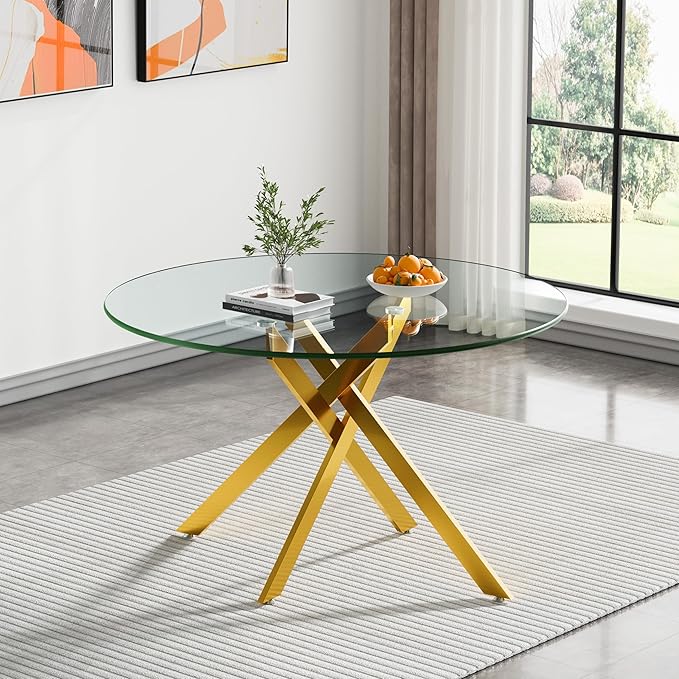 Goujxcy 5 Piece Round Glass Dining Table Set for 4, 47" Round Dining Table & Chair Set Modern Circle Glass Kitchen Table and 4 Velvet Upholstered Chairs for Kitchen Dining (Gold Table & Gold Chair)