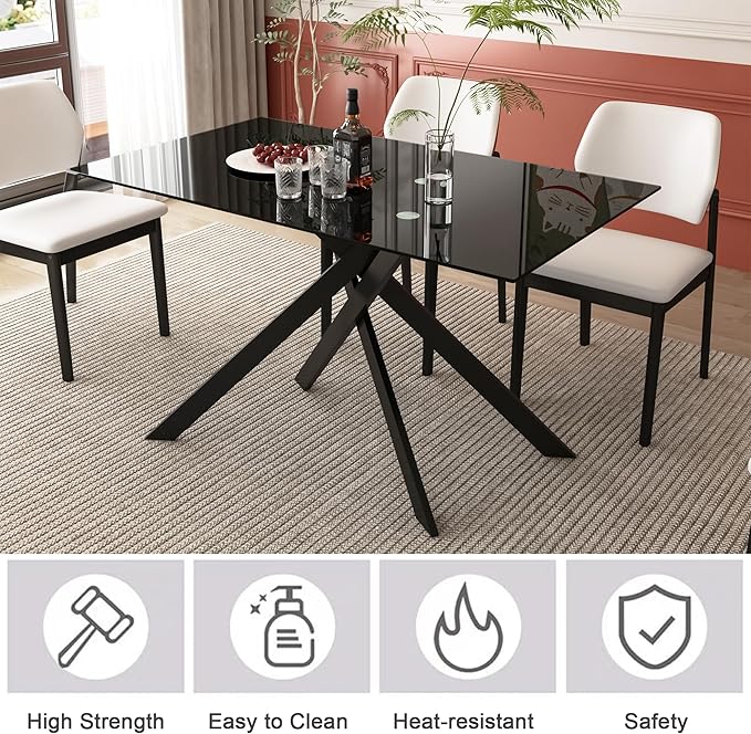 Goujxcy Modern Glass Dining Table Set for 4, Black Glass Kitchen Table and Chairs Set, 5 Piece Dining Room Table Set with 51" Rectangle Dinner Table and 4 Grey Leather Dining Chairs
