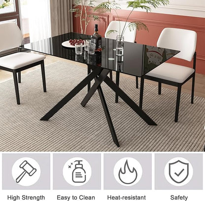 Goujxcy Modern Glass Dining Table Set for 6, Black Glass Kitchen Table and Chairs Set, 7 Piece Dining Room Table Set with 51" Rectangle Dinner Table and 6 Grey Leather Dining Chairs