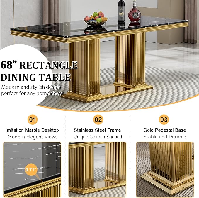 68" Faux Marble Dining Table Set for 6, 7-Piece Dining Set with Black Gold Kitchen Table and 6 Velvet Tufted Chairs, Modern Rectangular Dining Room Tables with Column-Shape Stainless Steel Base