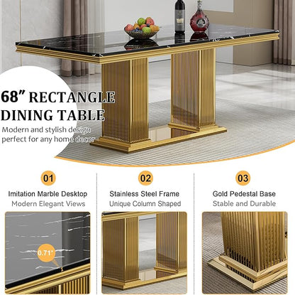 68" Faux Marble Dining Table Set for 6, 7-Piece Dining Set with Black Gold Kitchen Table and 6 Velvet Tufted Chairs, Modern Rectangular Dining Room Tables with Column-Shape Stainless Steel Base