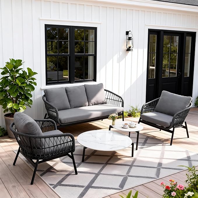 Wisteria Lane Boho Patio Furniture, 5 Piece Outdoor Furniture Set with Rope Woven Design, Rope Sofa Chair with Nesting Coffee Table for Garden, Balcony, Porch, Grey
