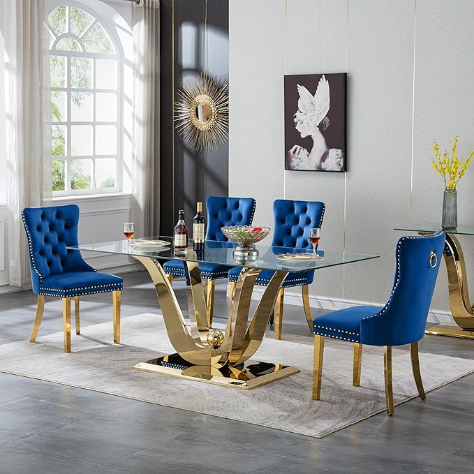 70" Modern Gold Glass Dining Table Set for 4, 5-Piece Rectangle Kitchen Dining Room Table Set with Steel Base & 4 Blue Velvet Upholstered Chairs, Modern Glass Kitchen Table and Chairs Set of 4