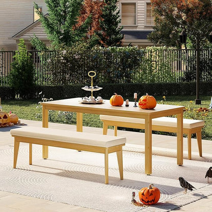 Wisteria Lane 3 Pieces Acacia Patio Dining Set for 4, Patio Dining Table and Chairs Set with Cushion, Modern Outdoor Dining Furniture Set for Lawn Backyard Garden Deck, Beige