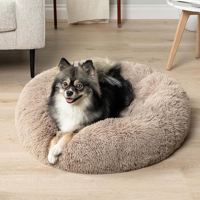 PetAmi Calming Dog Bed for Small Medium Dog Cat, Round Donut Dog Bed Washable, Fluffy Faux Fur Plush Cuddler Pet Kitten Cushion Bed, Anti-Slip, Fits up to 25 lbs, 23 inch, Taupe
