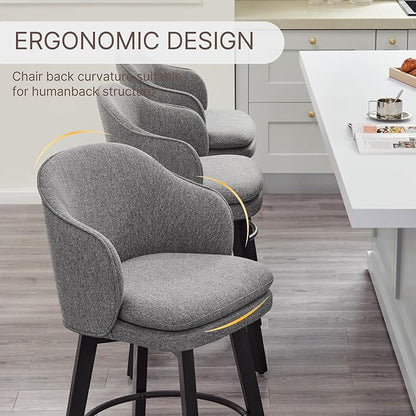 Counter Height Barstools 26 inch Upholstered Swivel Bar Stools with Back and Wood Legs for Kitchen Island,Set of 4,Dark Grey Fabric