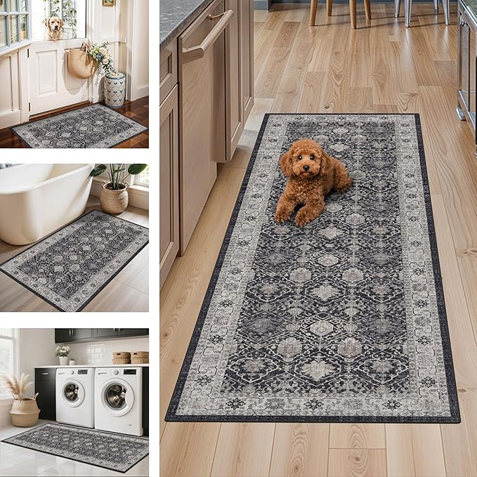 Washable 4-Piece Kitchen Floor Mats: Farmhouse Non-Slip Kitchen Sink Rug Easy Clean Water-Resistant Runners for Hallway Bathroom Soft Decorative Carpet for Pet Feeding Area(2x3+2x4+2x5+2x6,Black)
