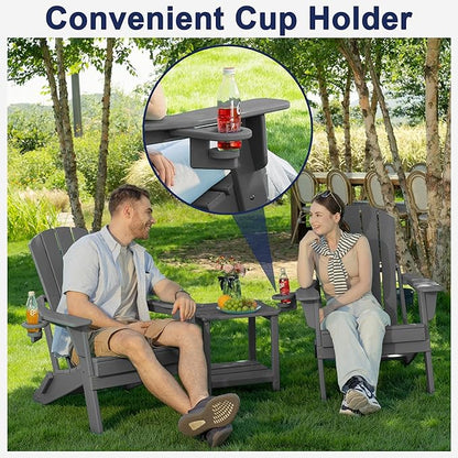 Plawdlik Folding Adirondack Chair, SGS Tested, Wooden Textured with Cup Holder, Heavy All-Weather HDPE Comfortable Set Poolside Backyard Lawn Grey Set 4