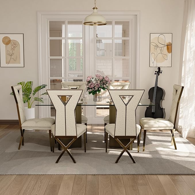 Asday 70 Inch Glass Dining Table with Bronze Base, Rectangular Dining Table for 6 People, Modern Brass Dining Room Table for Kitchen