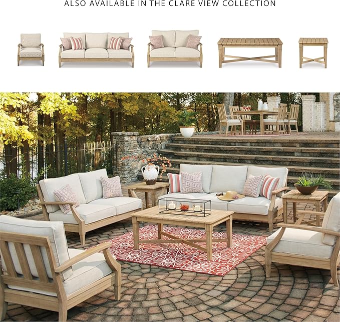 Signature Design by Ashley Clare View Coastal Outdoor Loveseat, Cushioned with Nuvella Fabric, Protective Finish, Eucalyptus Wood, 55.5" W x 35" D x 32" H, Beige