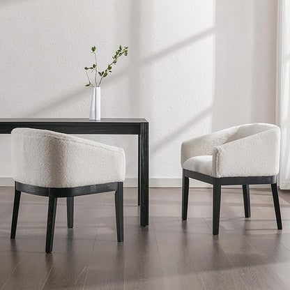 White Mid Century Modern Dining Chairs Set of 4, Farmhouse Boucle Upholstered Accent Curved Backrest Kitchen Chairs Armchairs with Black Wood Legs, White