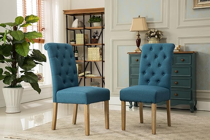 Roundhill Furniture Habit Solid Wood Tufted Parsons Dining Chair (Set of 2), Blue