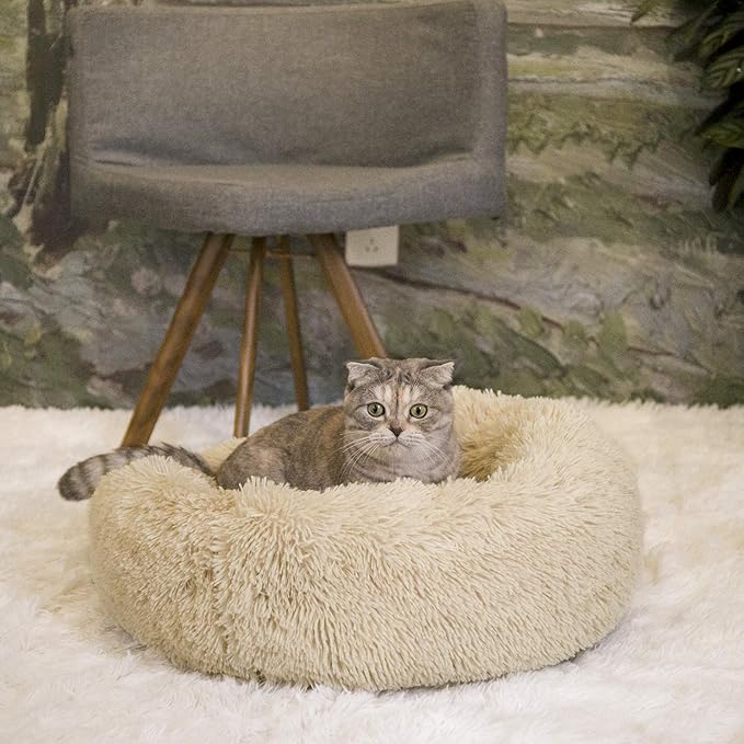Calming Cat Bed - Anti Anxiety Round Fluffy Plush Faux Fur, Washable 23 inches Small Dog & Cat Bed