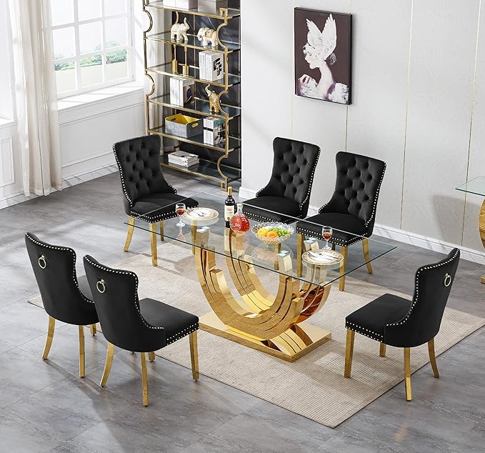 7 Piece Dining Table Set with 6 Black Dining Chairs, Modern Glass Kitchen Table and Chairs Set for 6, 70" Rectangle Gold Glass Pedestal Dining Room Tables with Ring-Shape Stainless Steel Base