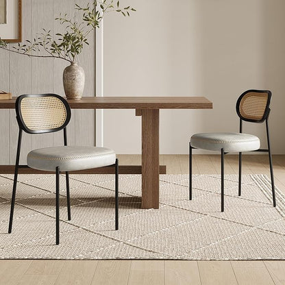 Rattan Dining Chairs Set of 4, Beige Leather Upholstered Dining Chairs with Rattan Cane Back, Mid Century Modern Dining Room Chairs with Black Metal Legs & D-Shaped Thicken Cushion, Beige