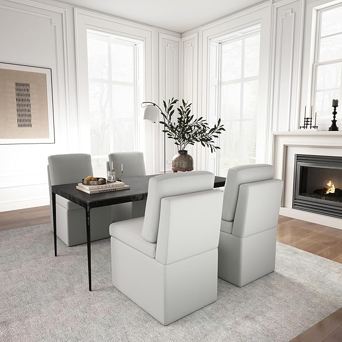 VKNOW Upholstered Dining Chairs Set of 4, Modern Kitchen Chairs with Storage, Linen Armchair Dining Room Chair for Kitchen Dining Room Office Bedroom, Light Grey