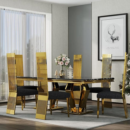 Upholstered Dining Chairs, Black and Gold Dining Room Chairs, Luxury Dining Chairs with Mirrored Metal Legs and Backrest, Set of 10