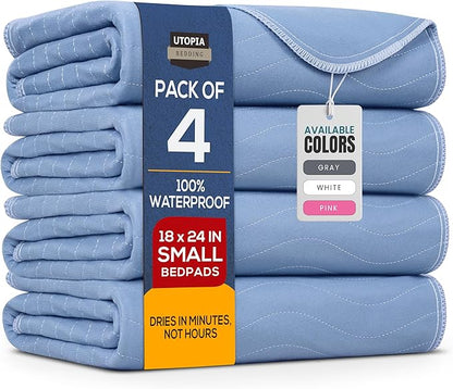 Utopia Bedding Washable Underpads 18" x 24" (Pack of 4), Waterproof Reusable Heavy Absorbency Incontinence Bed Pads for Adults, Kids, Elderly and Pets, Bedwetting Pads for Sofa and Couch (Blue)