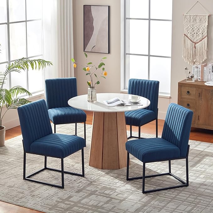VKNOW Upholstered Dining Chairs, Modern Dining Room Chairs with Stripe, Linen Kitchen Chair Dinner Chair with Black Metal Base for Kitchen Office, Blue
