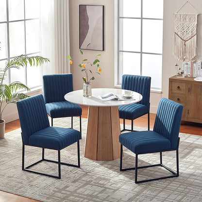 VKNOW Upholstered Dining Chairs, Modern Dining Room Chairs with Stripe, Linen Kitchen Chair Dinner Chair with Black Metal Base for Kitchen Office, Blue