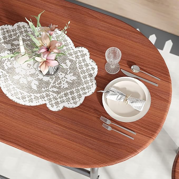 VECELO 3-Piece Dining Table Set for Kitchen Breakfast Nook, Wood Grain Oval Tabletop and Metal Frame with Built-in Wine Rack, for Small Spaces, Brown & Silver