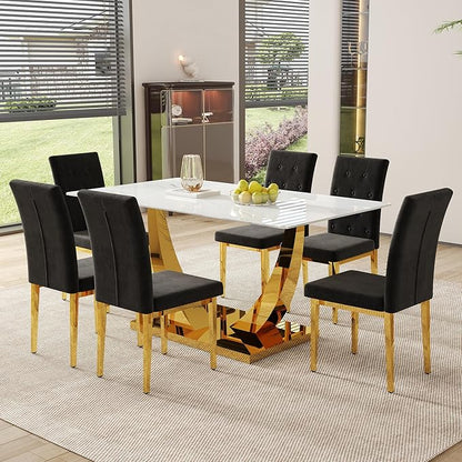 63" Modern Dining Table Set for 6, White Dining Room Set for 6, Tempered Glass Kitchen Table and PU Leather Chairs, Marble Pattern Top with Sturdy Gold Chrome Base