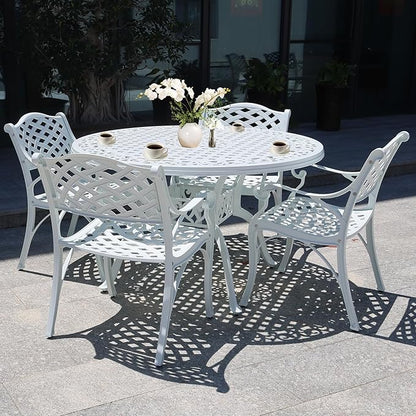 48" Round Patio Table for 6-8 Person Cast Aluminum Bistro Table with 2.36" Umbrella Hole,Metal Outdoor Dining Tables,Wrought Iron Patio Bistro Table,White Patio Table.