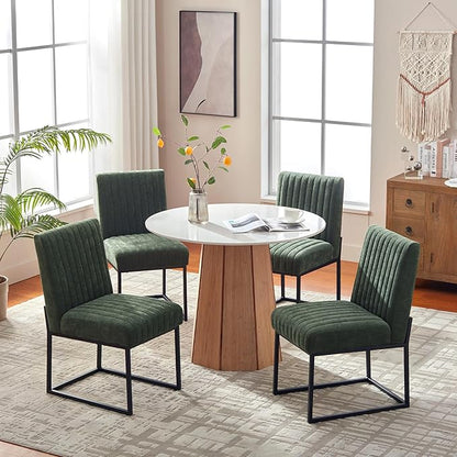VKNOW Upholstered Dining Chairs, Modern Dining Room Chairs with Stripe, Linen Kitchen Chair Dinner Chair with Black Metal Base for Kitchen Office, Green