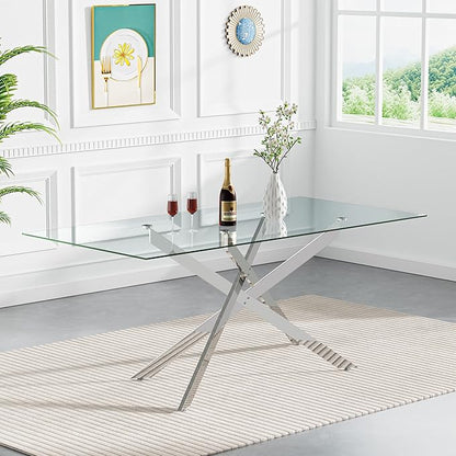 Goujxcy 7 Piece Glass Dining Table Set Modern Glass Dining Table Set for 6, 61" Rectangular Silver Kitchen Table and 6 Velvet Upholstered Chairs, Silver Table & Blue Chair