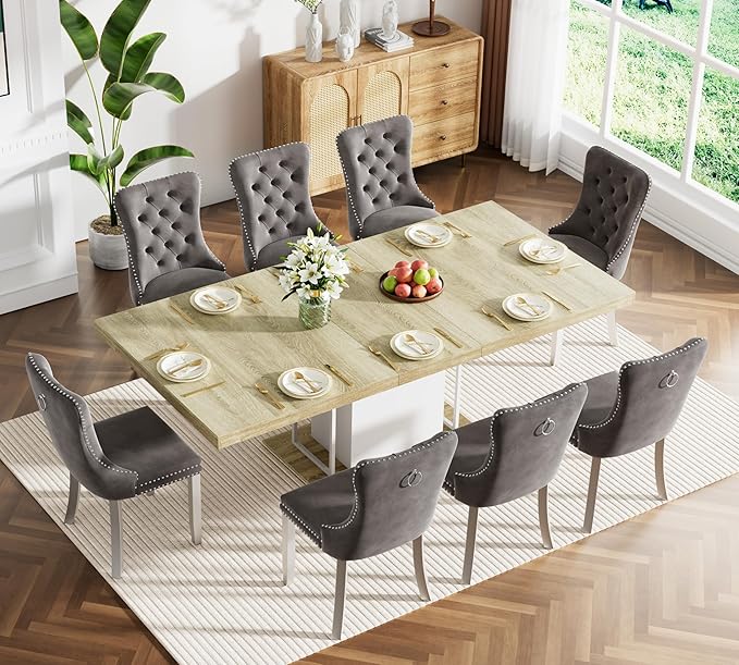 Goujxcy 78.7" Farmhouse Extendable Dining Room Table Set for 8, 9-Piece Rectangle Kitchen Dining Room Table Set with Wood Base and 8 Grey Velvet Dining Chairs, Extending Kitchen & Dining Table Set