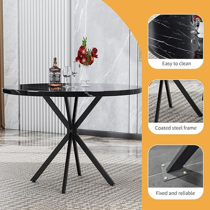 Round Dining Table, 39 Inch Modern Round Kitchen Table Black Dining with Black X Base, Kitchen Table Leisure Table for 4-5 People Small Space Dining Room, Apartment, Kitchen