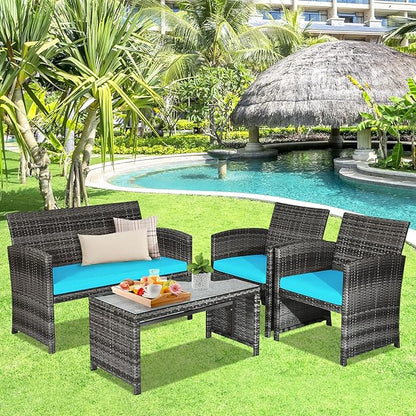 Goplus 4-Piece Rattan Patio Furniture Set, Outdoor Wicker Conversation Sofa with Weather Resistant Cushions and Tempered Glass Tabletop for Lawn Backyard Pool Garden (Turquoise)