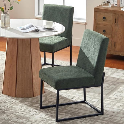 VKNOW Upholstered Dining Chairs Set of 2, Modern Dining Room Chairs, Linen Kitchen Chair Dinner Chair with Black Metal Base for Kitchen Office, Green-Unstriped