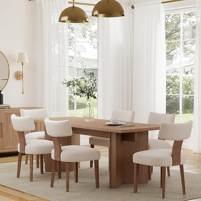 Mid Century Modern Dining Chairs Set of 6 Upholstered Linen Fabric Dining Chairs Curved Backrest Farmhouse Dining Room Chairs Kitchen Chairs with Wood Legs, Beige