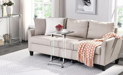 Goujxcy Clear Sofa Side Table C Shaped End Table with Wheels, Rolling Acrylic Bedside Laptop Snack Table TV Tray, Mobile Breakfast Tray Table with Tempered Glass Shelves and Clear Acrylic Frame