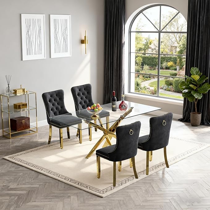 Goujxcy 51" Glass Dining Table Set for 4, Modern Kitchen Table and Chairs Set w/Steel Legs, 5-Piece Dining Table Set w/Glass Gold Dining Table and 4 Black Velvet Chairs for Kitchen Dining Room