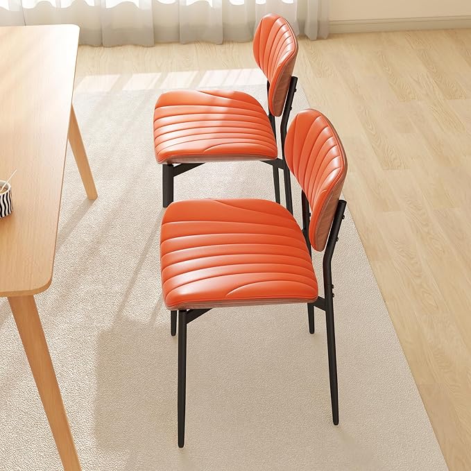 Modern PU Leather Dining Room Chairs Set of 2, Upholstered Kitchen Chairs with Walnut Bentwood Back and Metal Legs Adjustable Feet for Kitchen Dining Room(Orange)