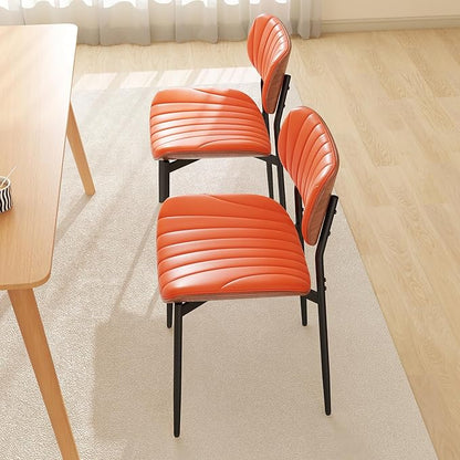 Modern PU Leather Dining Room Chairs Set of 2, Upholstered Kitchen Chairs with Walnut Bentwood Back and Metal Legs Adjustable Feet for Kitchen Dining Room(Orange)