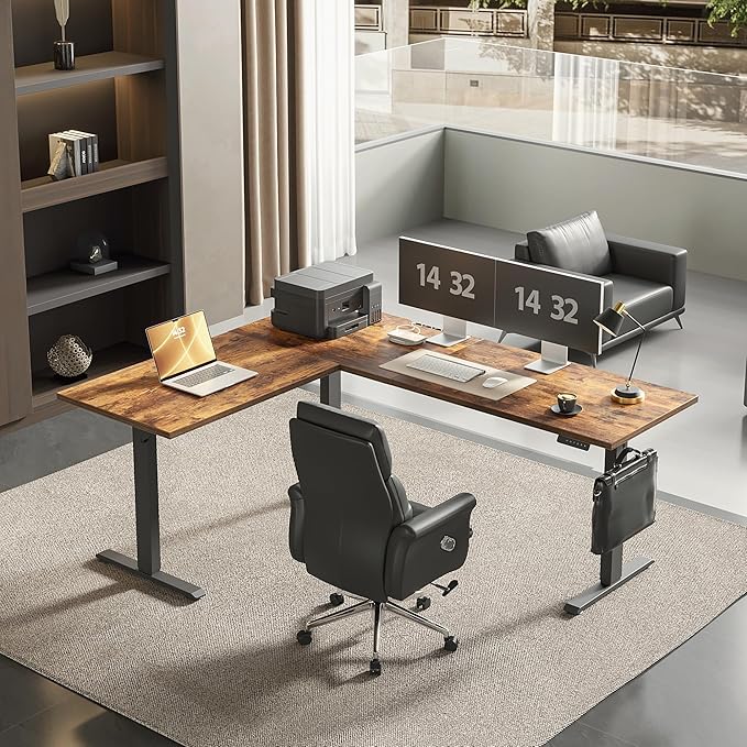 Agilestic Triple Motors 73" x 60" L Shaped Standing Desk, Electric Standing Desk Adjustable Height, Extra Large Desktop Corner Table for Home Office, Gaming Workstation, Splice Board, Rustic Brown