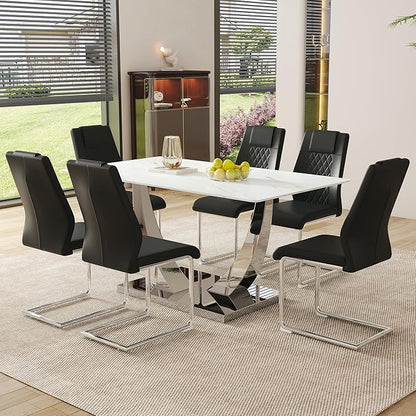 AZmac 63" Modern Dining Table Set for 6, White Dining Room Set for 6, Tempered Glass Kitchen Table and PU Leather Chairs, Marble Pattern Top with Sturdy Silver Chrome Base